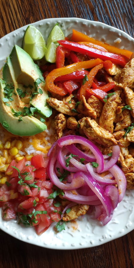 Fajita Chicken Burrito Lunch Bowl served warm with cozy spices