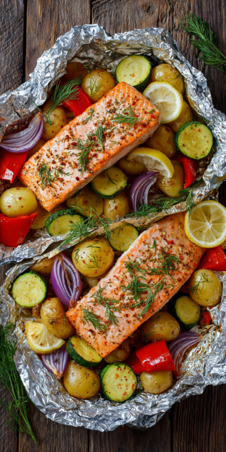 Foil Packet Salmon with Veggies served warm with cozy spices