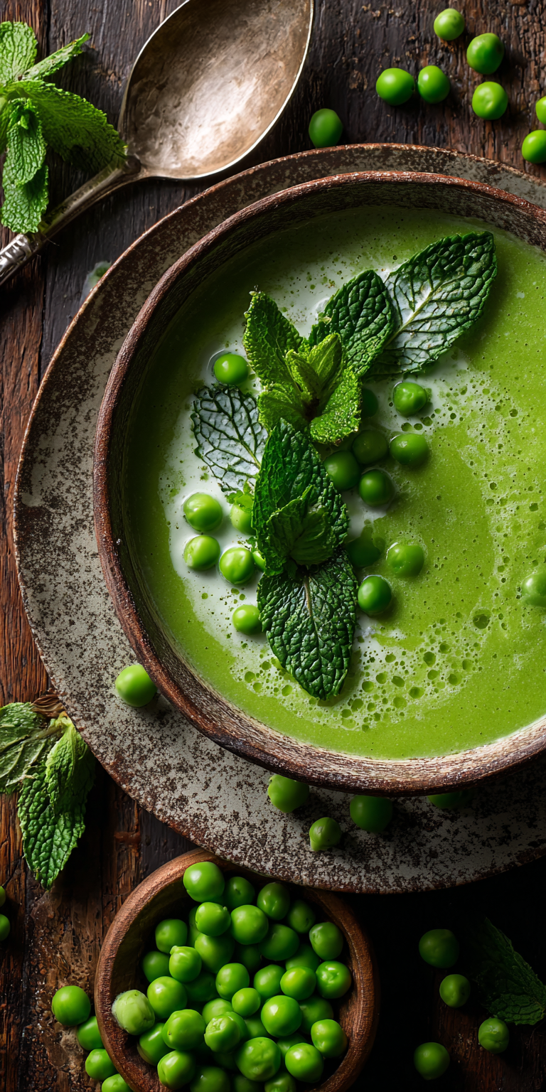 Fresh Green Pea and Mint Bisque served warm with cozy spices