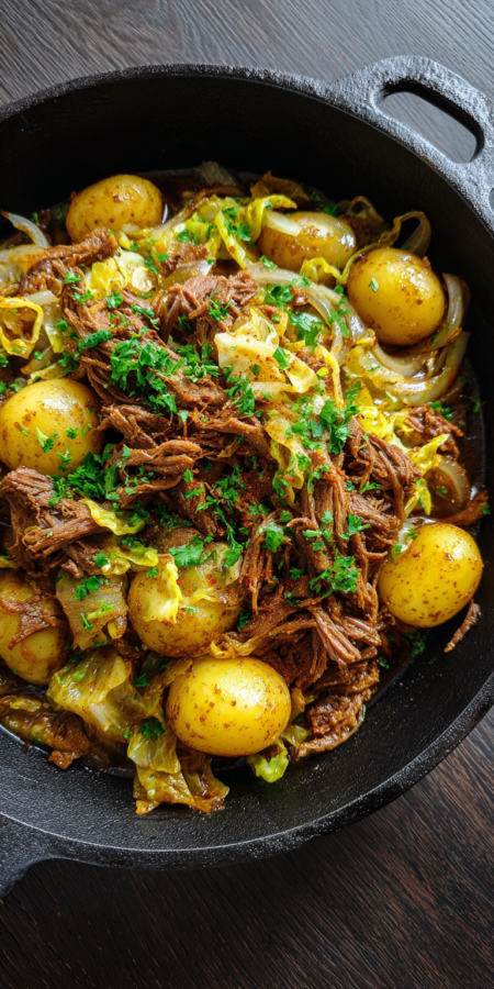 Fried Corned Beef and Cabbage Skillet served warm with cozy spices