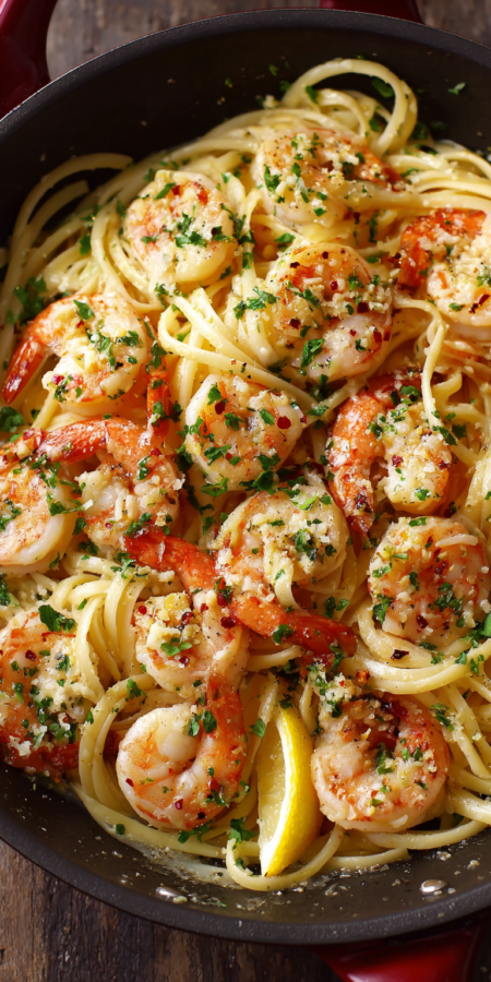 Garlic Butter Shrimp Scampi Quick Dinner served warm with cozy spices