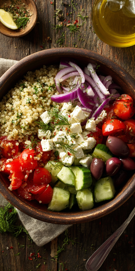 Greek Quinoa and Feta Power Bowls served warm with cozy spices