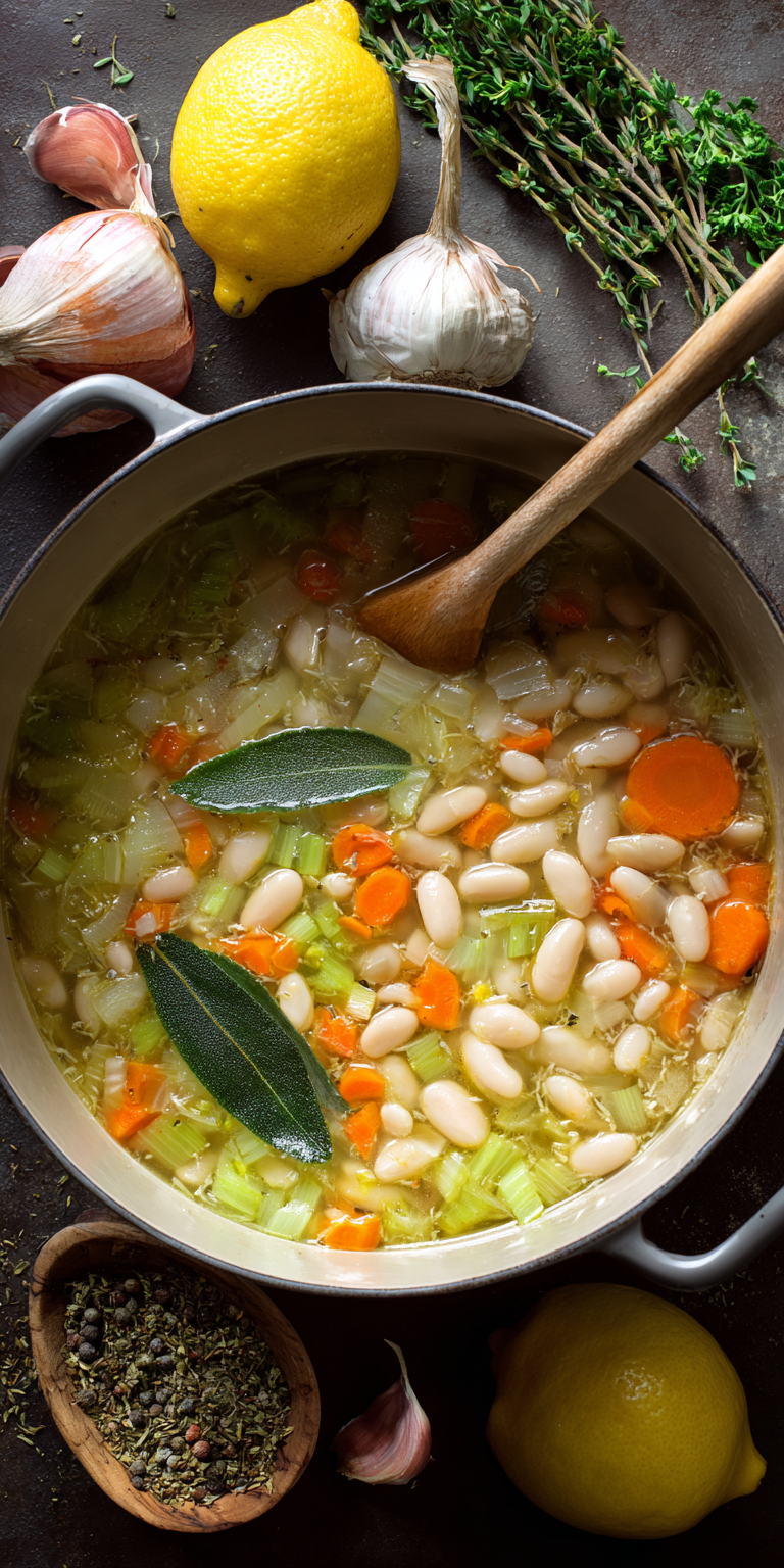 Greek White Bean Soup With Garlic & Lemon served warm with cozy spices