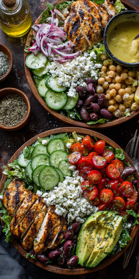 Grilled Chicken and Avocado Mediterranean Bowl served warm with cozy spices