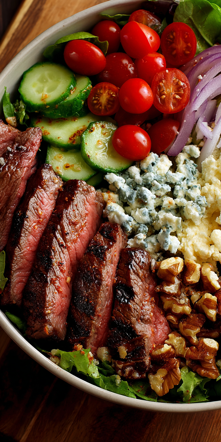 Grilled Steak and Blue Cheese Salad Bowl served warm with cozy spices