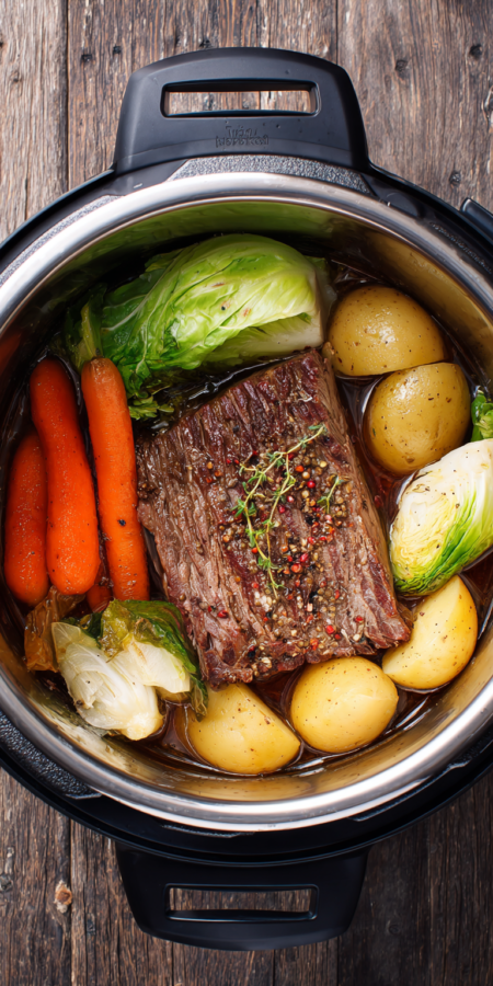 Instant Pot Corned Beef Brisket Dinner served warm with cozy spices
