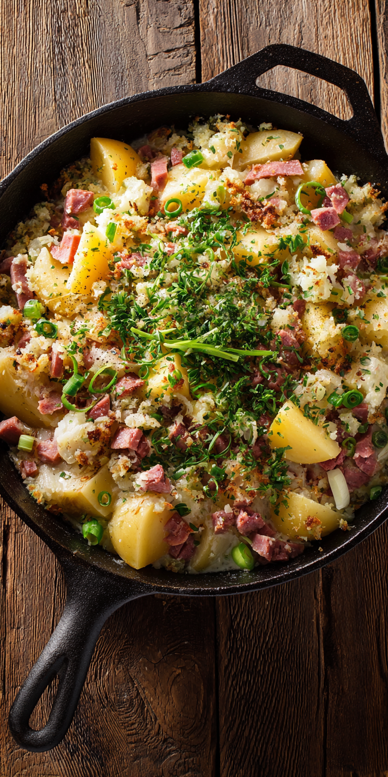 Irish Cast Iron Skillet Corned Beef Colcannon Casserole served warm with cozy spices