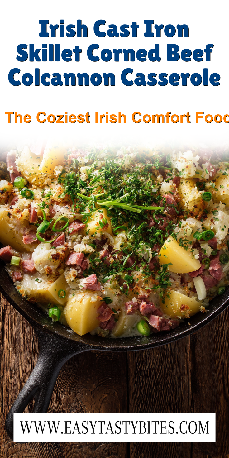 Irish Cast Iron Skillet Corned Beef Colcannon Casserole served warm with cozy spices
