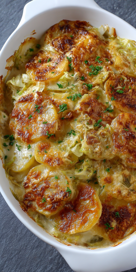 Irish Scalloped Potatoes with Cabbage served warm with cozy spices