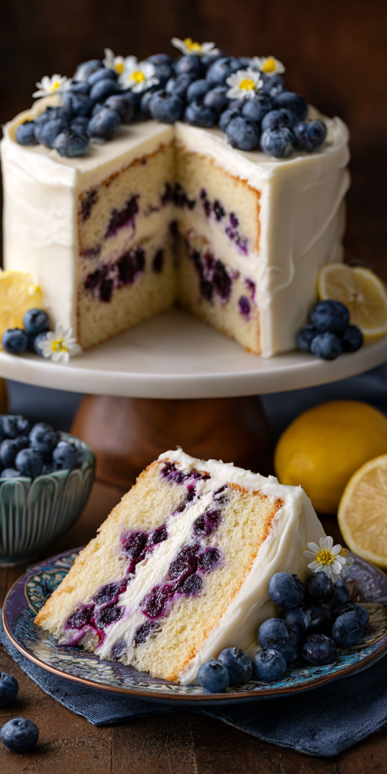 Lemon Blueberry Layer Cake with Cream Cheese served warm with cozy spices