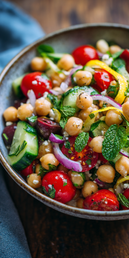 Lemon Herb Mediterranean Chickpea Salad served warm with cozy spices