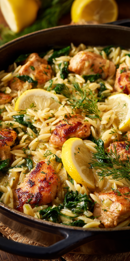 Lemon Orzo Greek Salad Bowl served warm with cozy spices