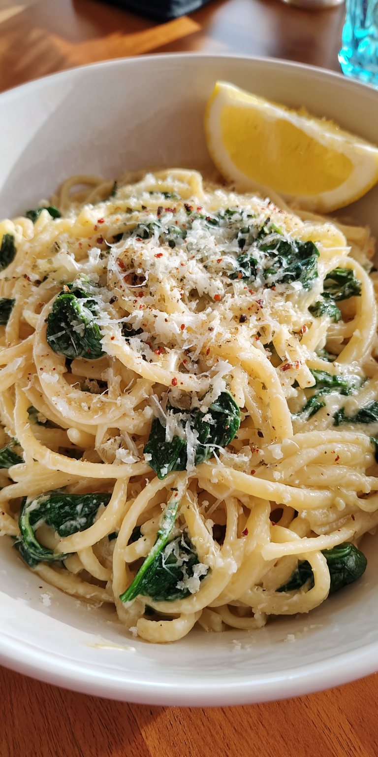 Lemon Ricotta Pasta with Spinach served warm with cozy spices