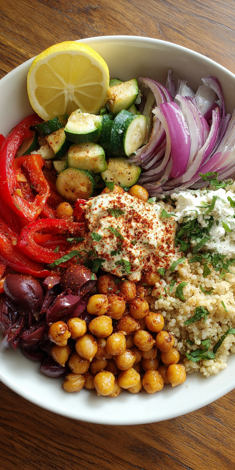 Mediterranean Chickpea Buddha Bowl served warm with cozy spices