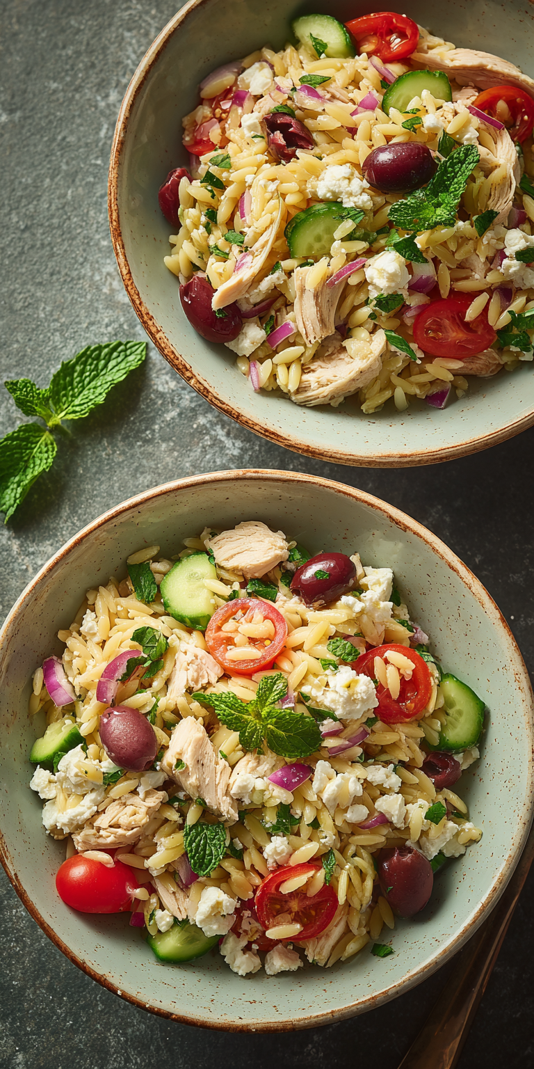 Mediterranean Orzo Salad Healthy Lunch served warm with cozy spices