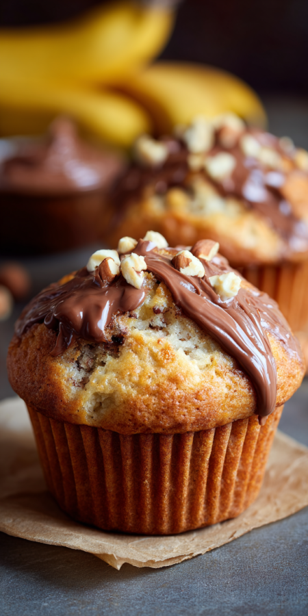 Nutella Stuffed Banana Muffins served warm with cozy spices