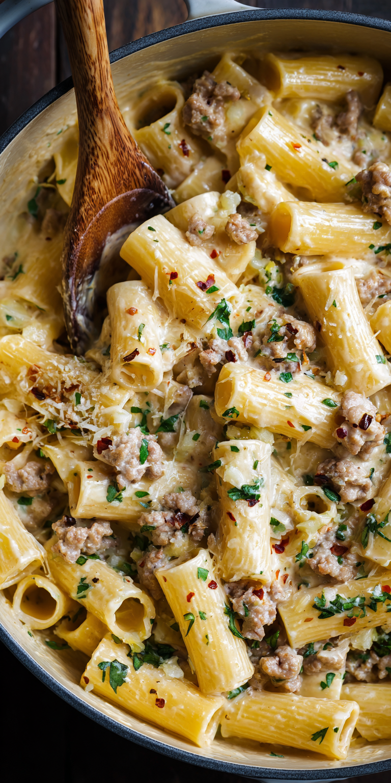 One Pot Creamy Pasta with Sausage served warm with cozy spices