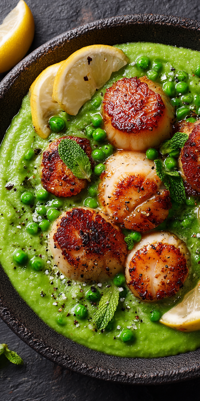 Pan Seared Scallops with Pea Puree served warm with cozy spices