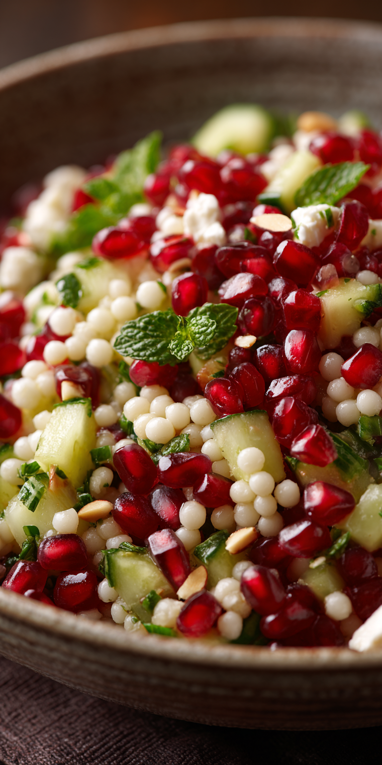 Pearl Couscous and Pomegranate Salad served warm with gentle spices and a cozy aroma