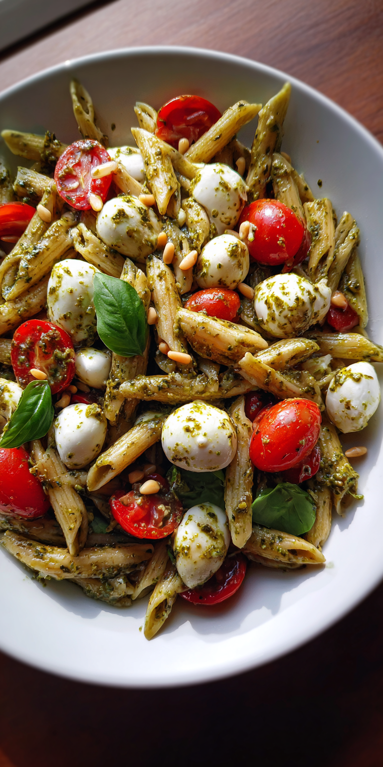 Pesto Mozzarella Easy Pasta Salad served warm with cozy spices