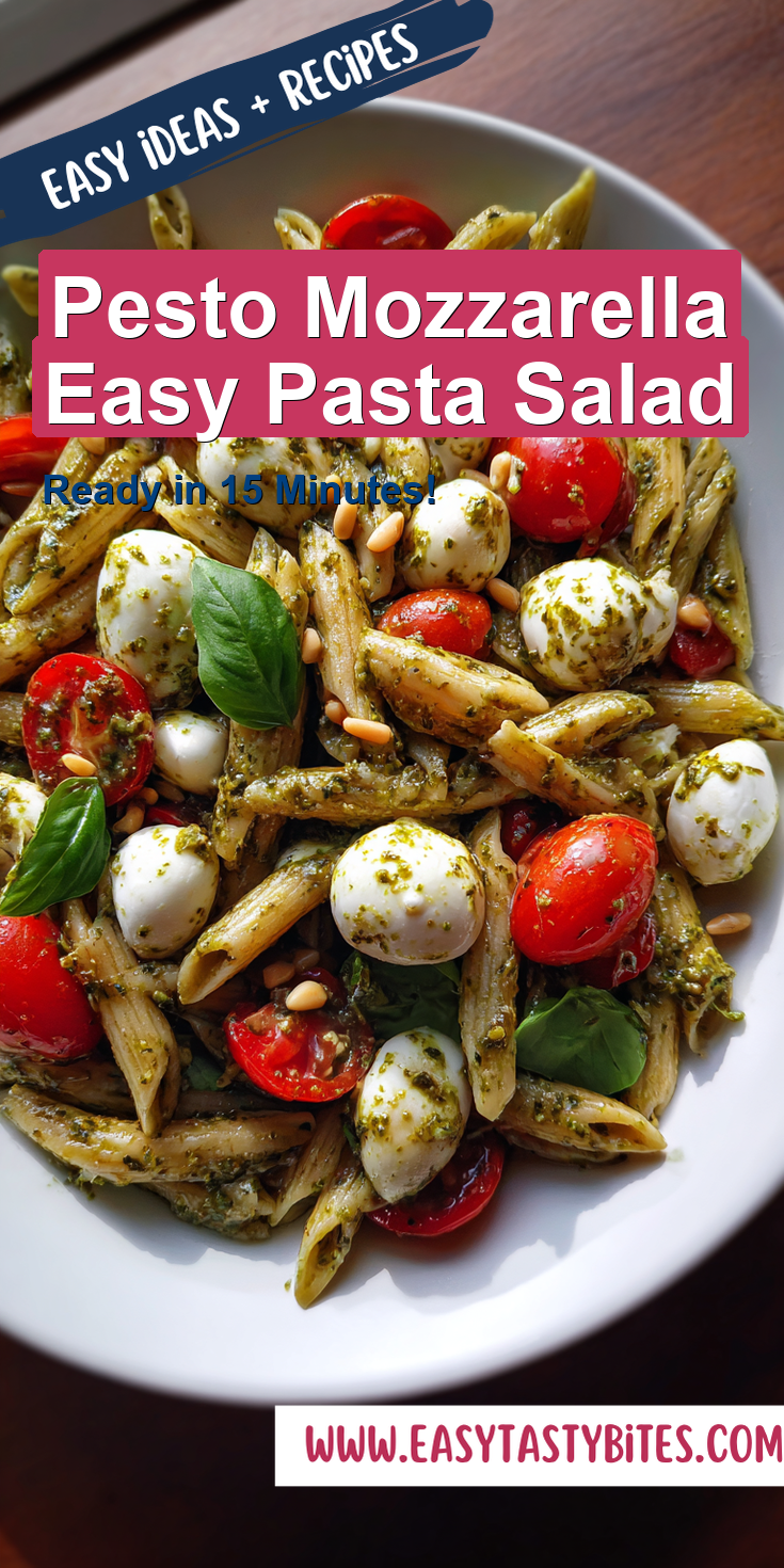 Pesto Mozzarella Easy Pasta Salad served warm with cozy spices