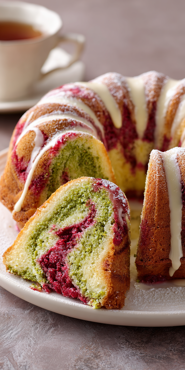 Pistachio Raspberry Cake served warm with cozy spices