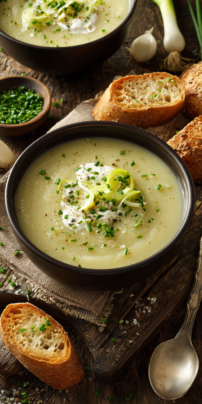 Potato and Leek Spring Soup served warm with cozy spices