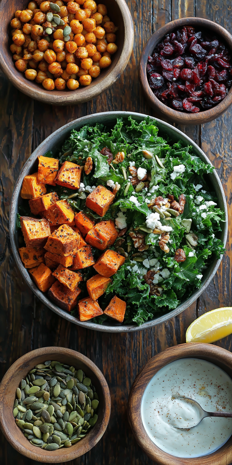 Roast Sweet Potato Kale Salad Bowl served warm with cozy spices