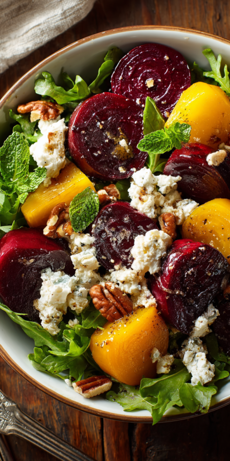 Roasted Beet and Goat Cheese Salad Bowl served warm with cozy spices