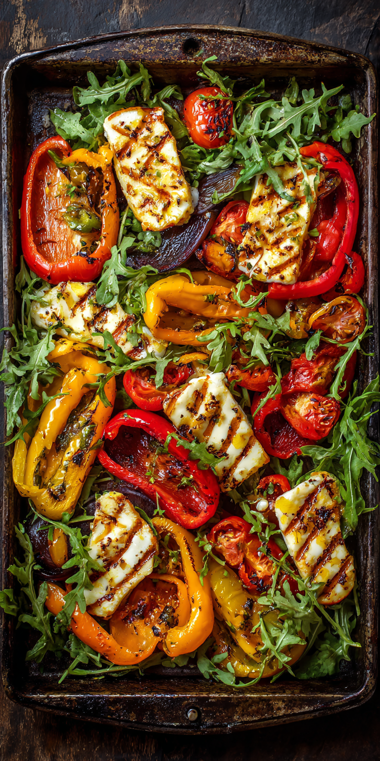 Roasted Bell Pepper and Grilled Halloumi Salad served warm with cozy spices