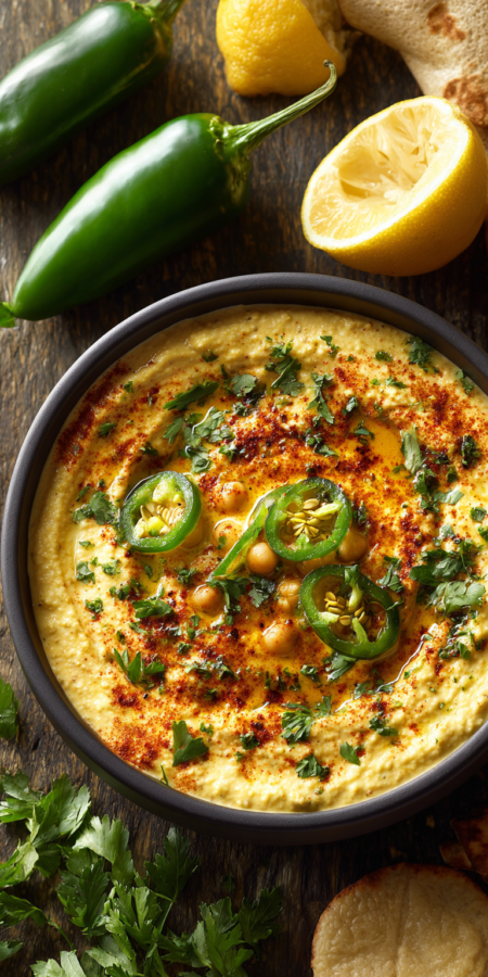 Roasted Jalapeno Hummus Dip served warm with cozy spices