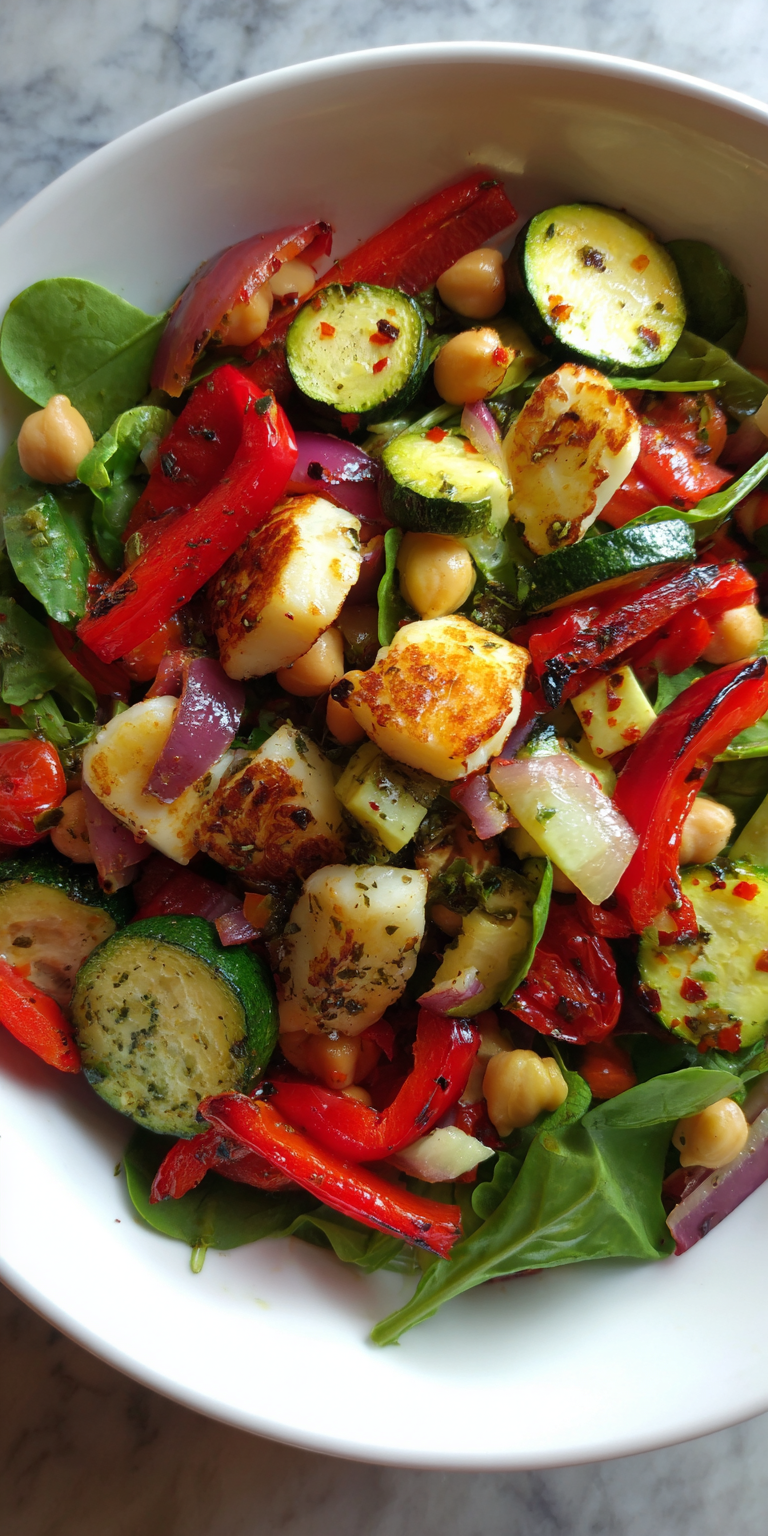 Roasted Vegetable and Halloumi Salad served warm with cozy spices