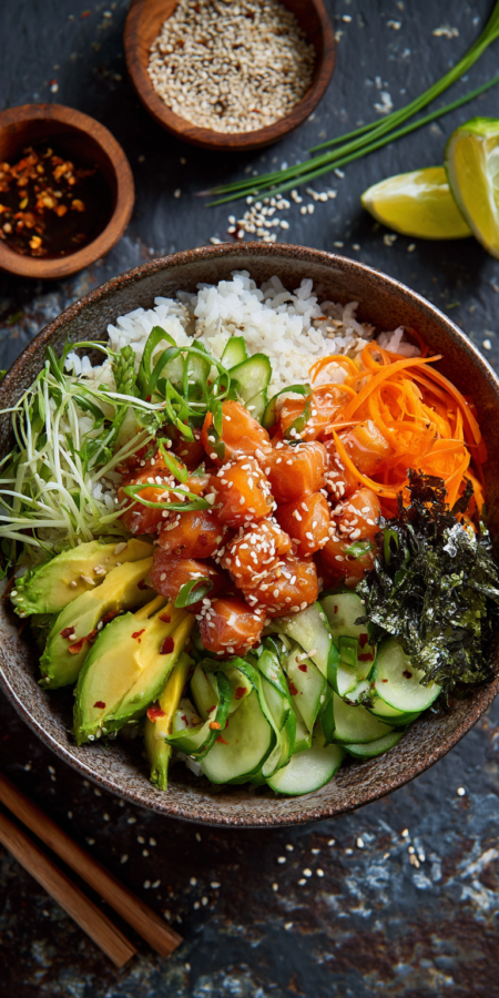 Salmon Avocado Poke Lunch Bowl served warm with cozy spices