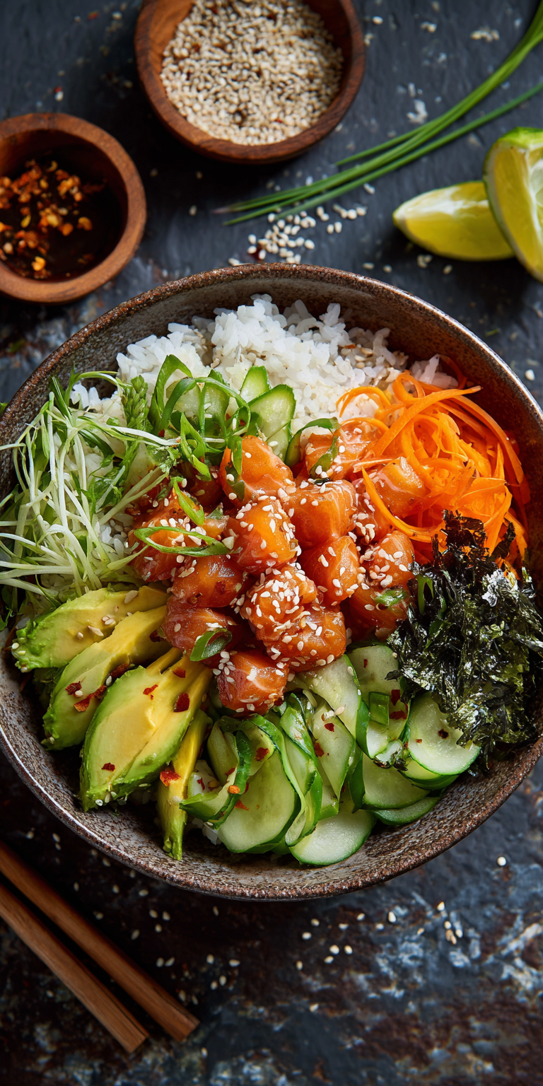 Salmon Avocado Poke Lunch Bowl served warm with cozy spices