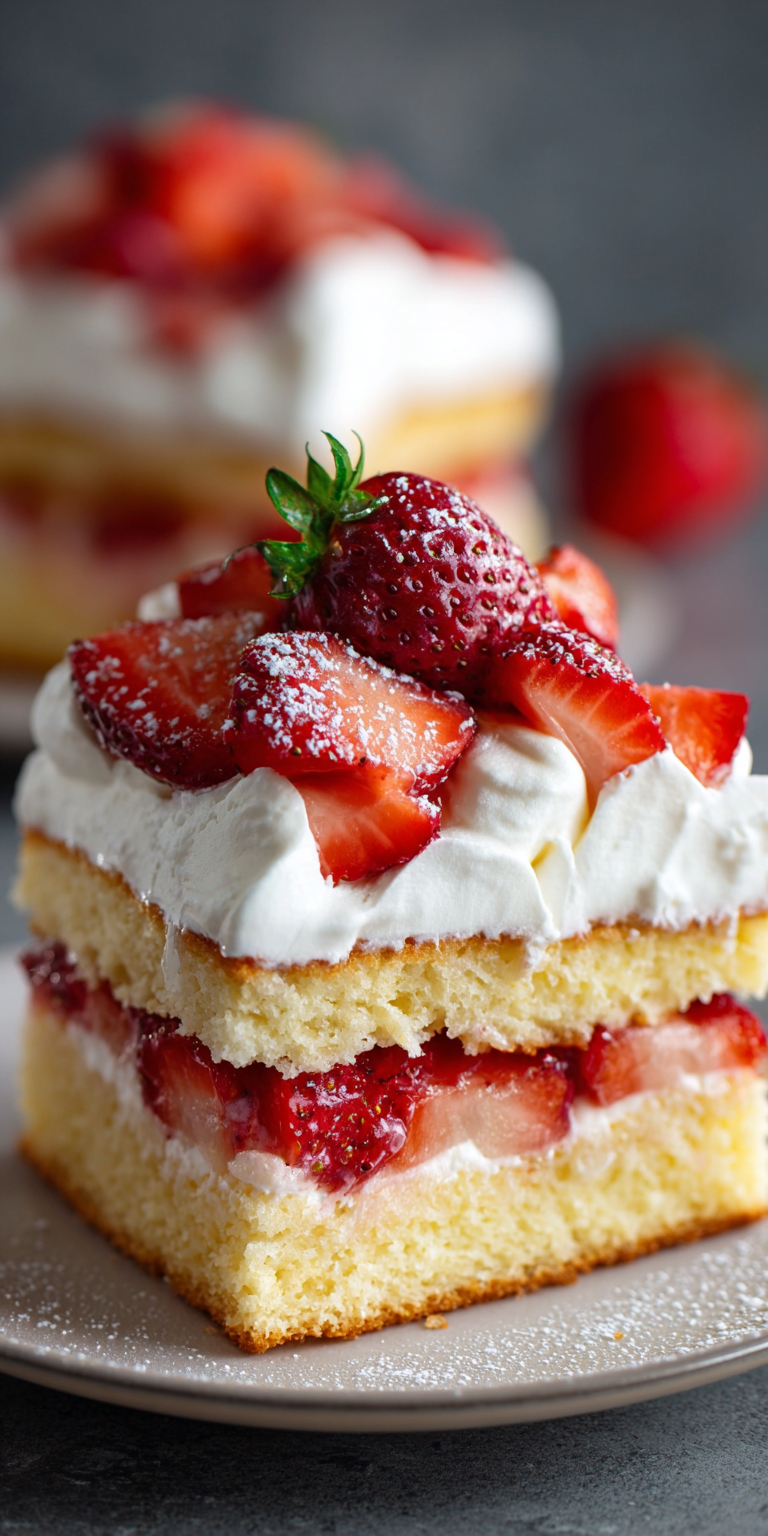 Sheet Pan Strawberry Shortcake Cake served warm with cozy spices