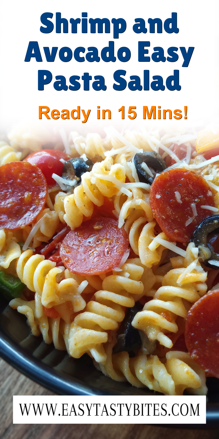 Shrimp and Avocado Easy Pasta Salad served warm with cozy spices