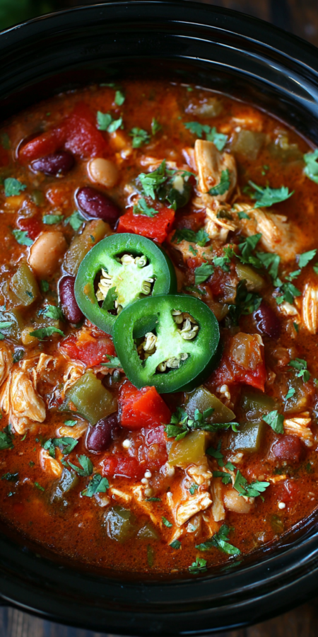 Slow Cooker Jalapeno Chicken Chili served warm with cozy spices