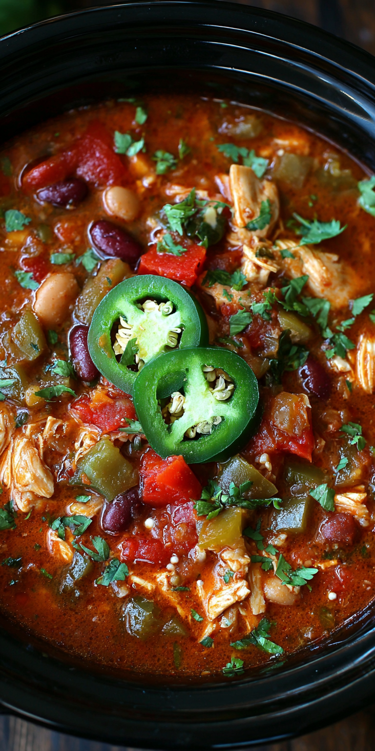 Slow Cooker Jalapeno Chicken Chili served warm with cozy spices