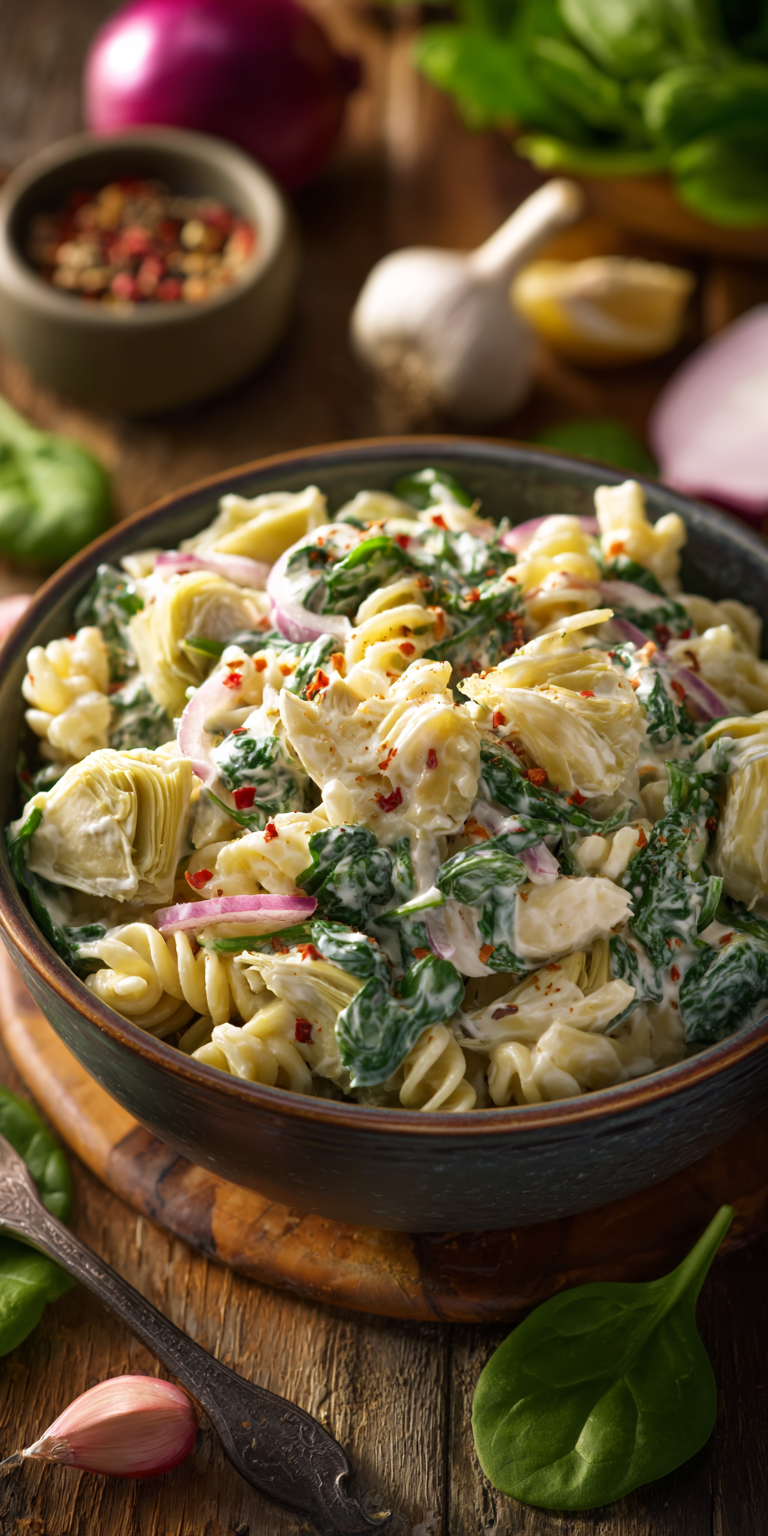 Spinach Artichoke Easy Pasta Salad served warm with cozy spices