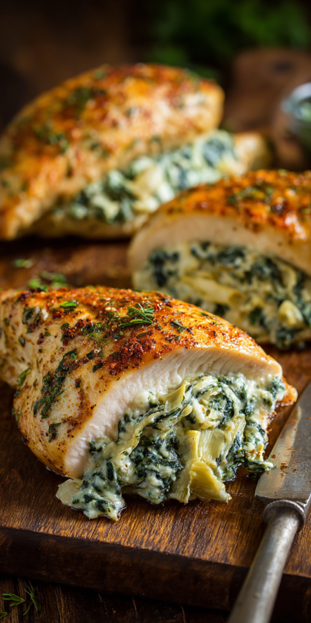 Spinach Artichoke Stuffed Easy Chicken served warm with cozy spices