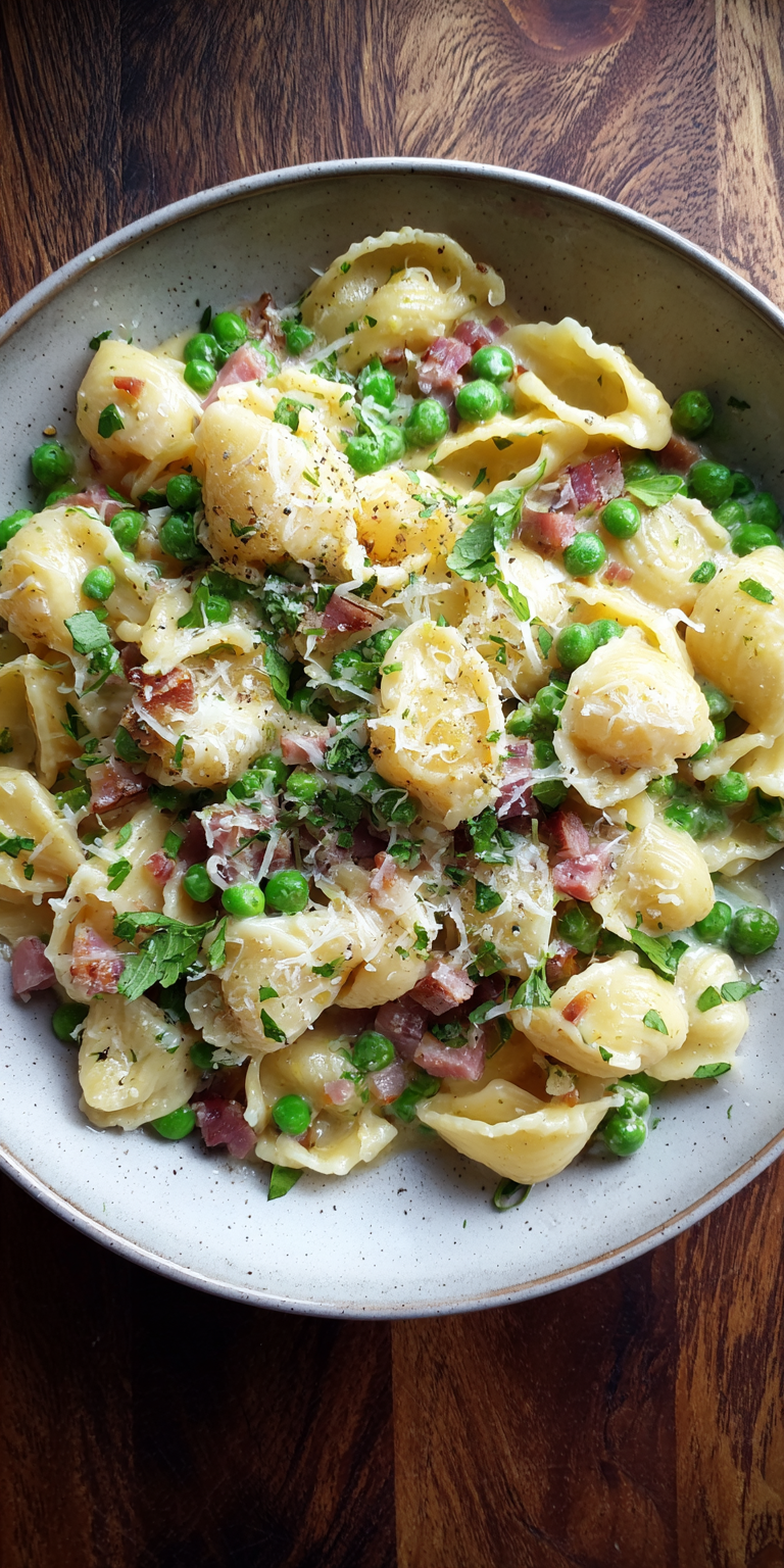 Spring Pea and Pancetta Pasta served warm with cozy spices