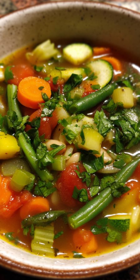 Spring Vegetable Minestrone Italian Soup served warm with cozy spices