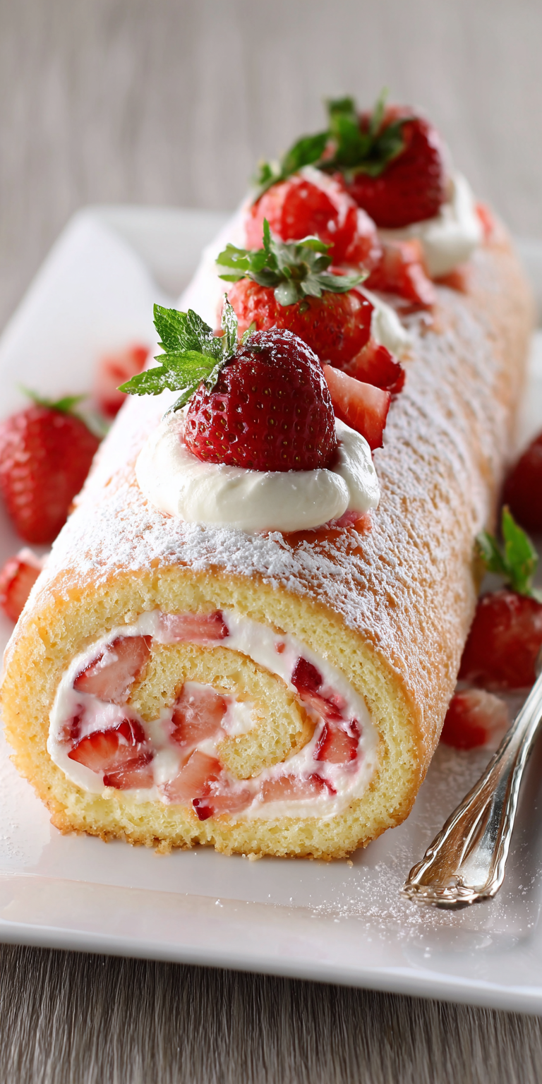 Strawberry Shortcake Cake Roll Recipe served warm with cozy spices