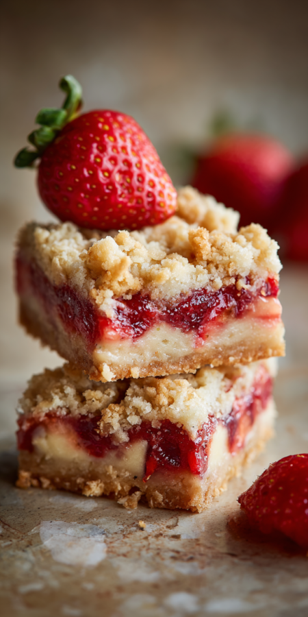 Strawberry Shortcake Crumble Bars served warm with cozy spices