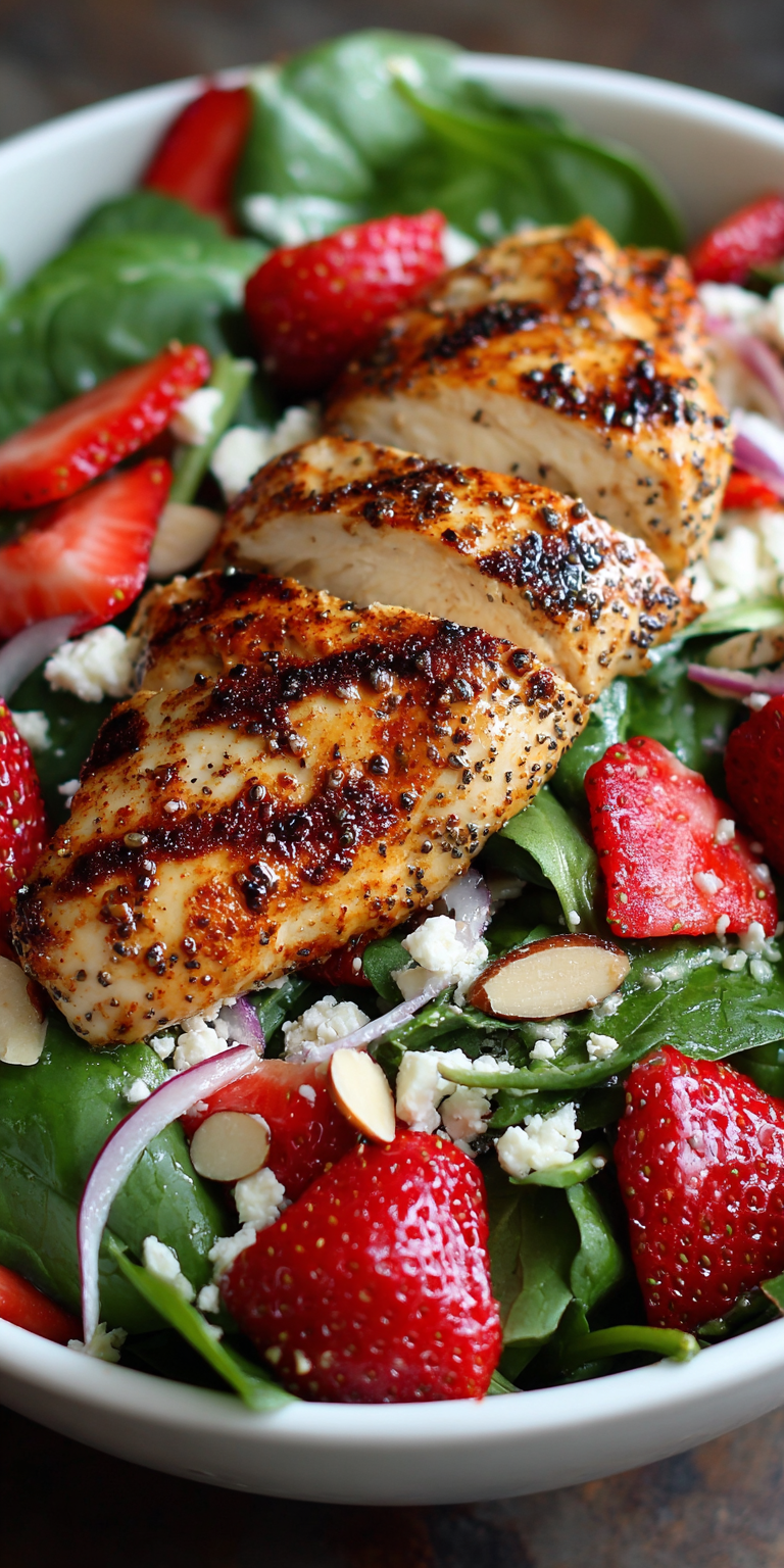 Strawberry Spinach Salad with Grilled Chicken served warm with cozy spices