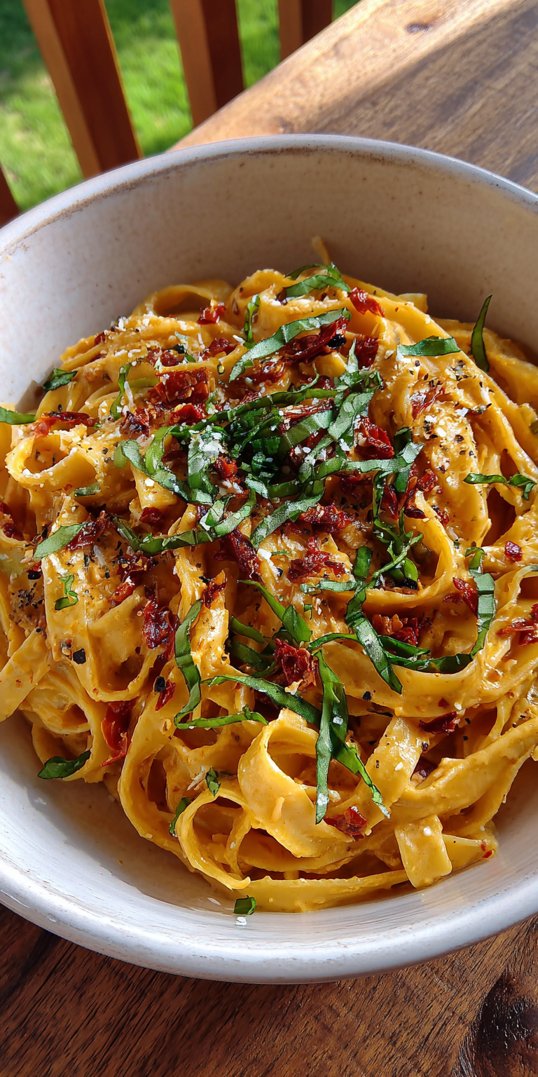 Sun Dried Tomato and Olive Pasta Salad served warm with cozy spices