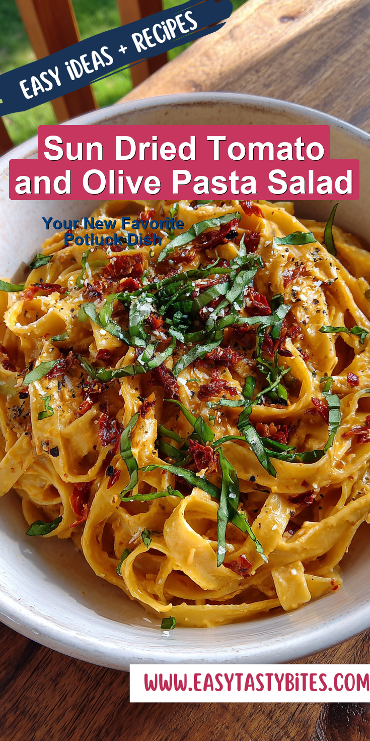 Sun Dried Tomato and Olive Pasta Salad served warm with cozy spices