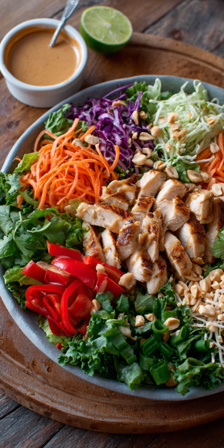 Thai Peanut Chicken Salad Bowl served warm with cozy spices