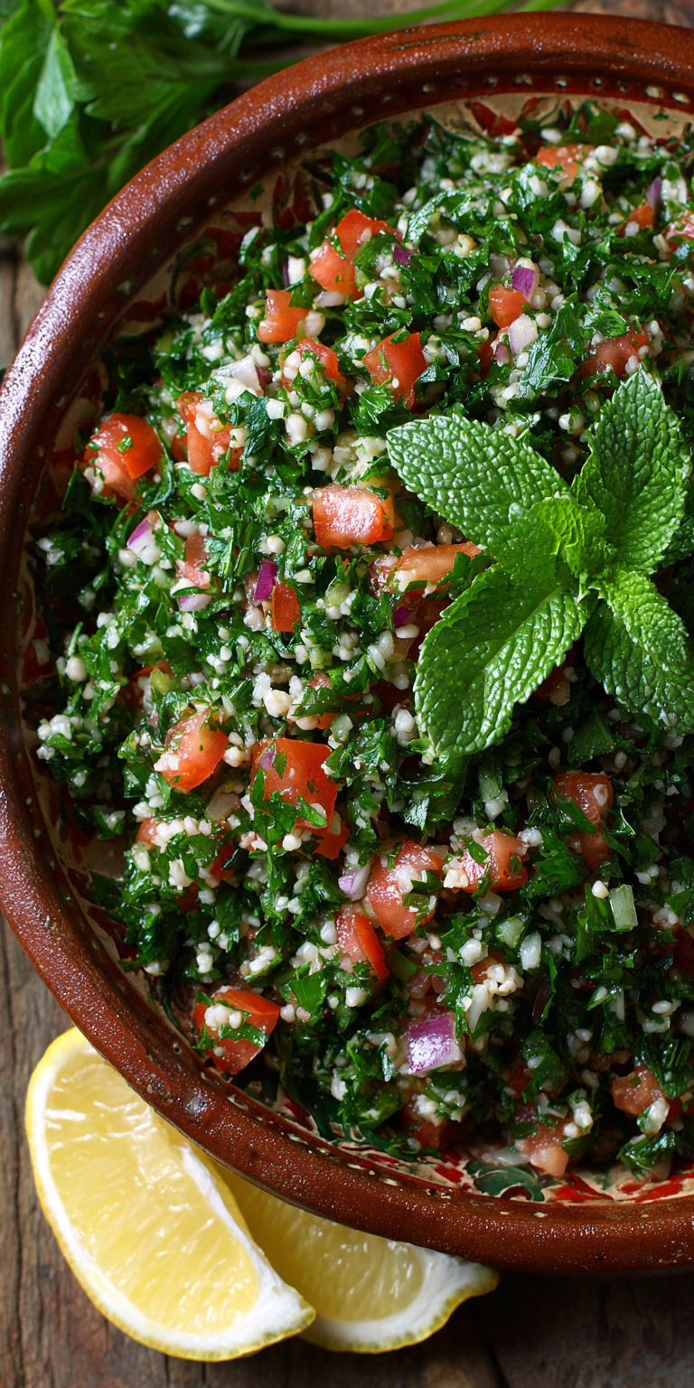 Traditional Tabbouleh Parsley Salad served warm with cozy spices