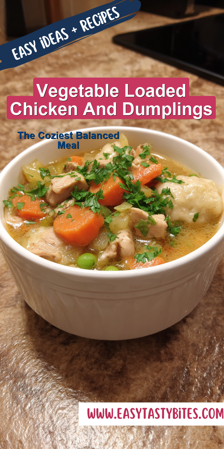 Vegetable Loaded Chicken And Dumplings served warm with cozy spices